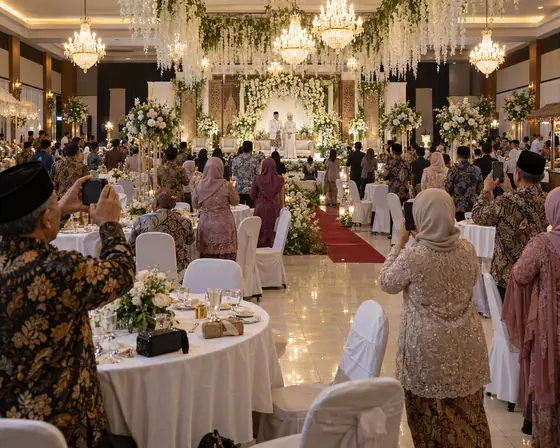Resepsi Nadia dan Raka di gedung, para tamu berdiri di antara meja dan merekam pengantin di pelaminan dengan HP